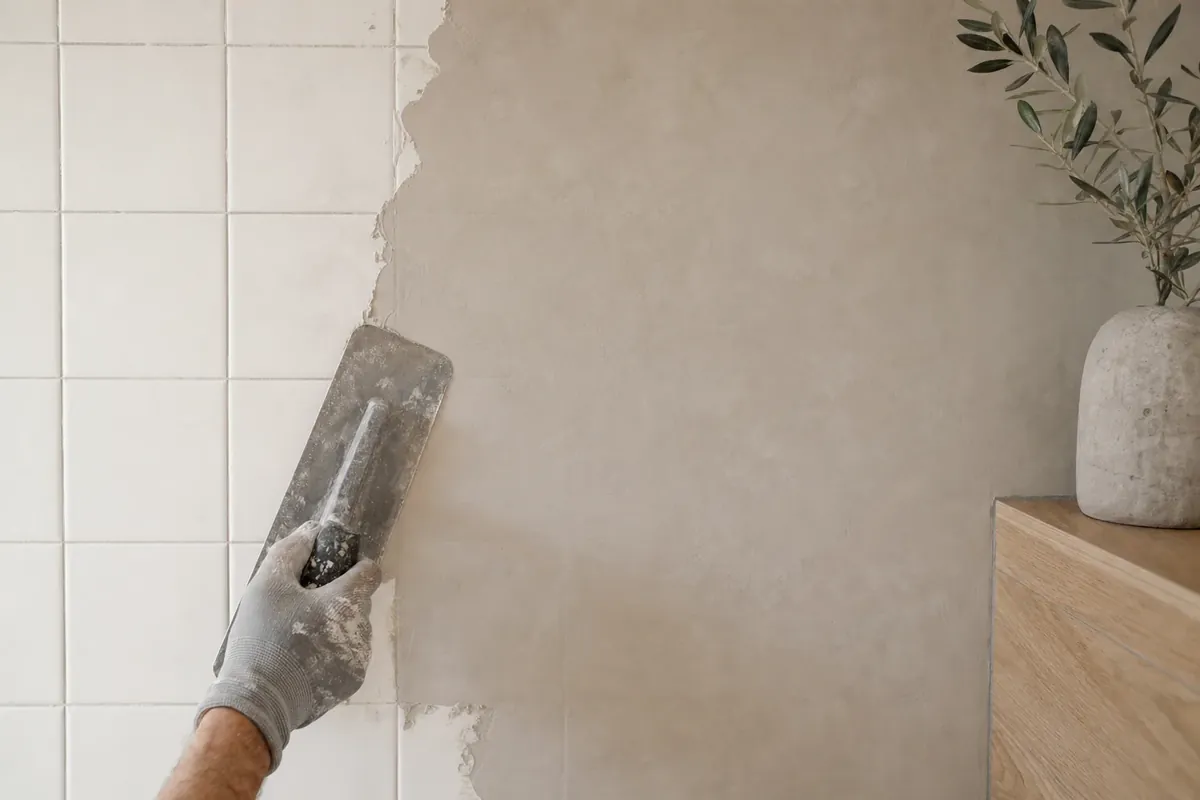 Microcement being trowelled over old white wall tiles
