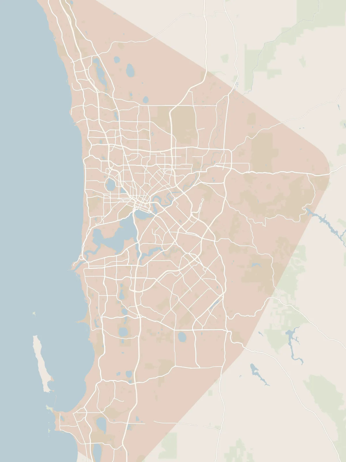 Map of Perth with the area we cover shaded, from Wanneroo and Joondalup in the north, down to Rockingham and Baldivis in the south, and east to Mundaring in the hills
