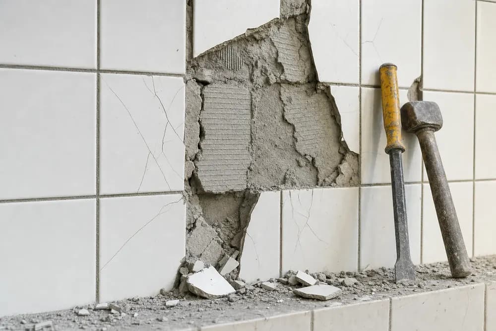 Cracked wall tiles with a section chiselled off, and a chisel and hammer leaning against the wall